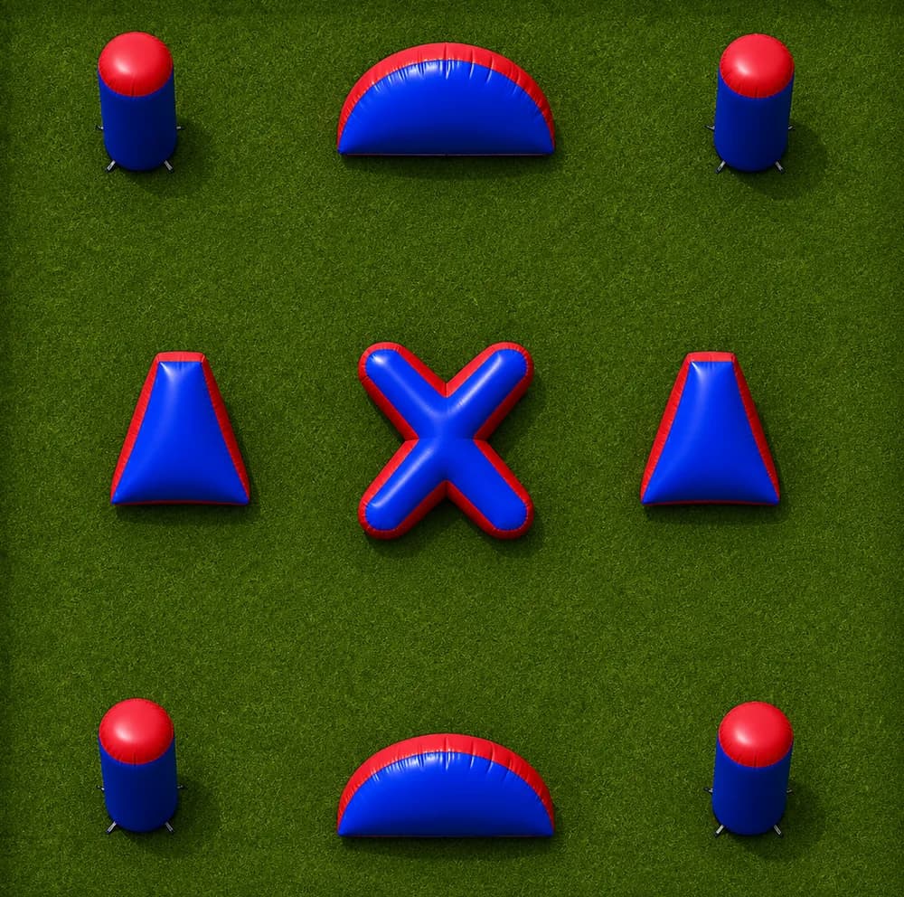 Crossfire — top-down view of a 9 bunker GellyBall field