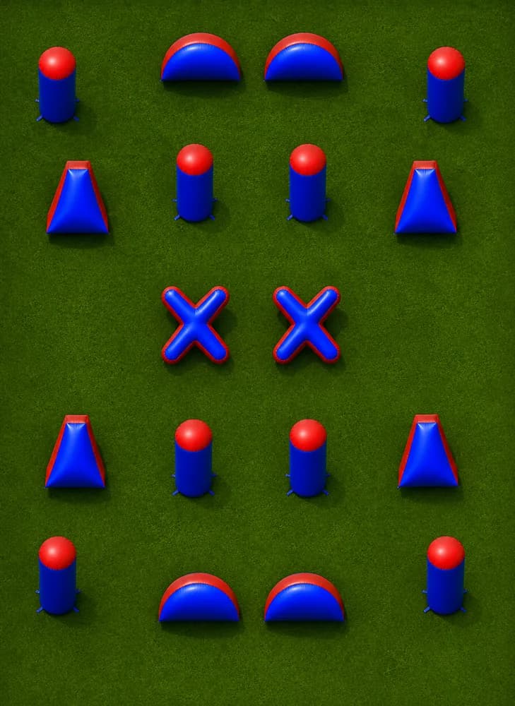 Full Battleground — top-down view of a 18 bunker GellyBall field